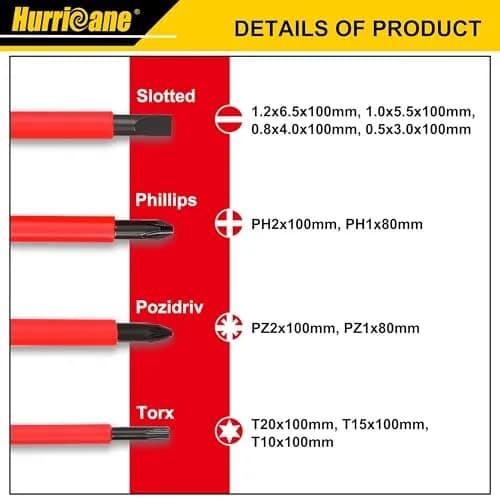 HURRICANE 1000V Insulated Electrician Screwdriver Set, 13 Piece Professional Electrical Screwdriver Set, CR-V Steel Magnetic Phillips Slotted Pozidriv Torx, Insulation VDE & GS Certified Screwdriver thumbnail 2