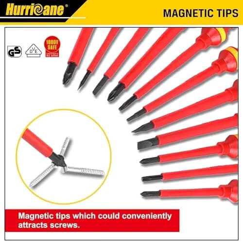 HURRICANE 1000V Insulated Electrician Screwdriver Set, 13 Piece Professional Electrical Screwdriver Set, CR-V Steel Magnetic Phillips Slotted Pozidriv Torx, Insulation VDE & GS Certified Screwdriver thumbnail 3