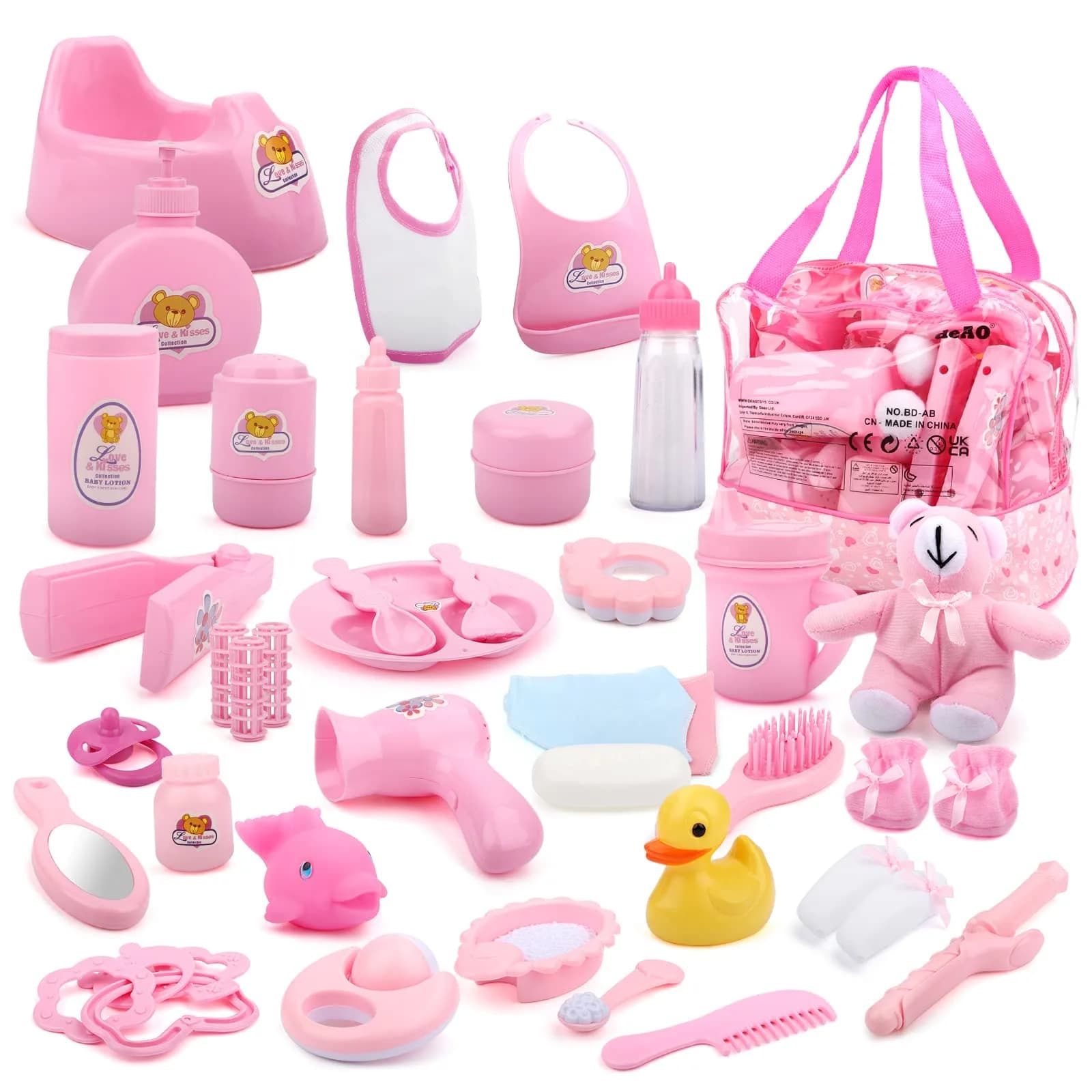 deAO 40 Pcs Baby Doll Accessories with Storage Bag | Feeding & Caring Playset for Kids 3+ — Mix of Colors