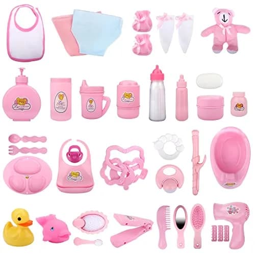 deAO 40 Pcs Baby Doll Accessories with Storage Bag | Feeding & Caring Playset for Kids 3+ thumbnail 5