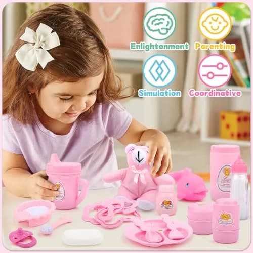 deAO 40 Pcs Baby Doll Accessories with Storage Bag | Feeding & Caring Playset for Kids 3+ thumbnail 2