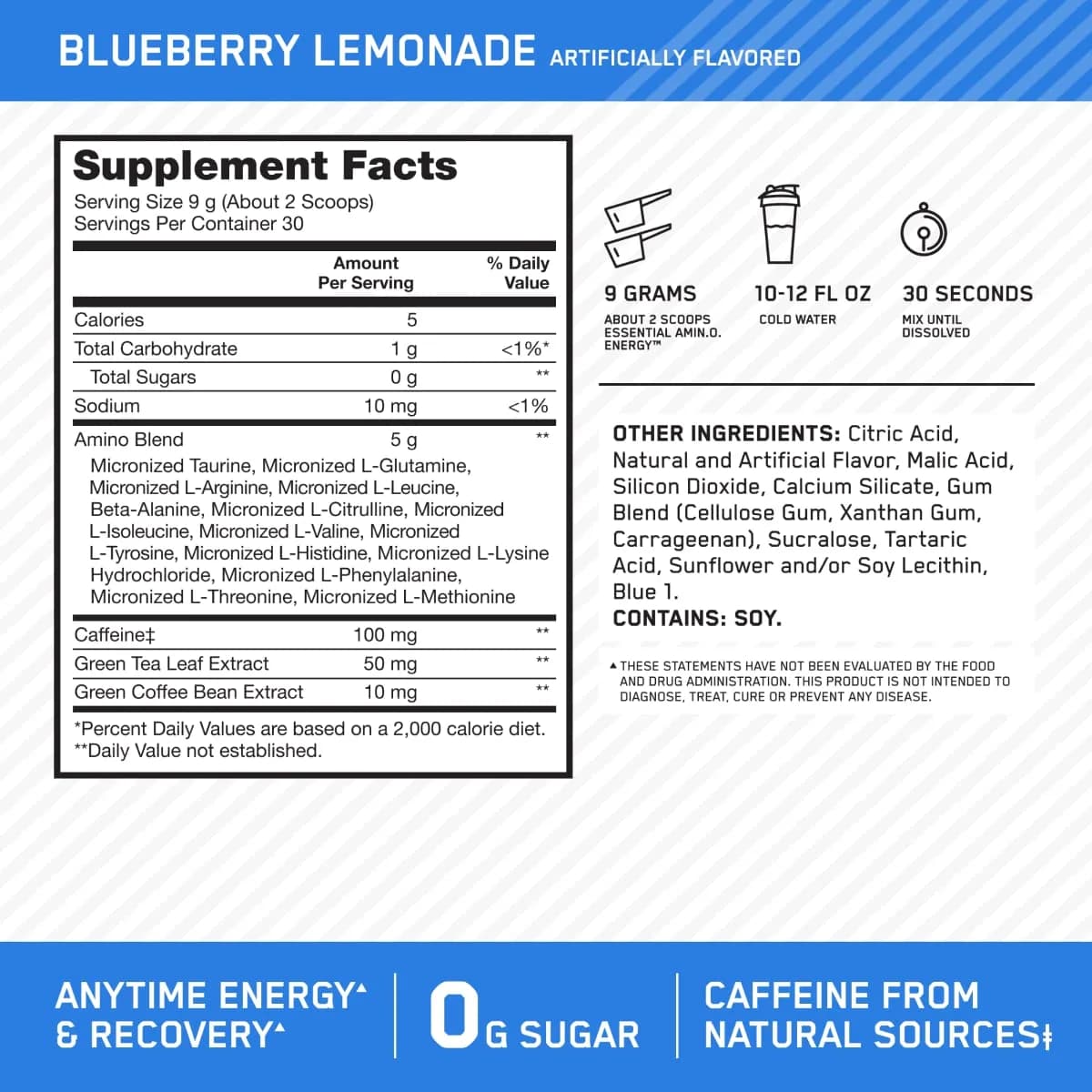 Optimum Nutrition Amino Energy Blueberry Lemonade 9.5oz | USA Imported Energy & Focus Supplement - view 3