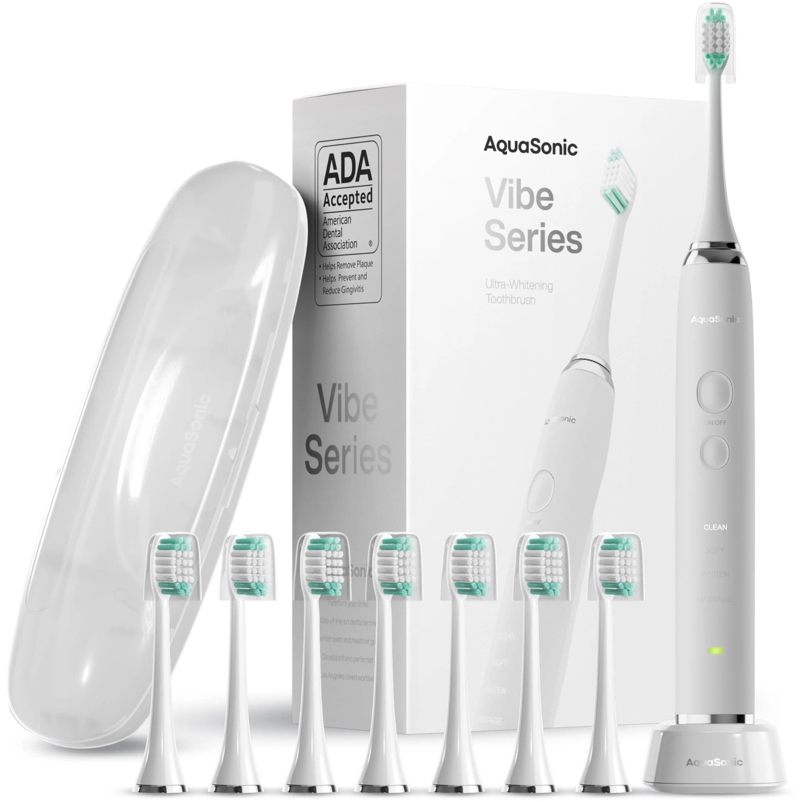 Aquasonic Vibe Series Ultra-Whitening Toothbrush with 8 Brush Heads & Travel Case - Mint Green Metallic (1 Count) — Optic White