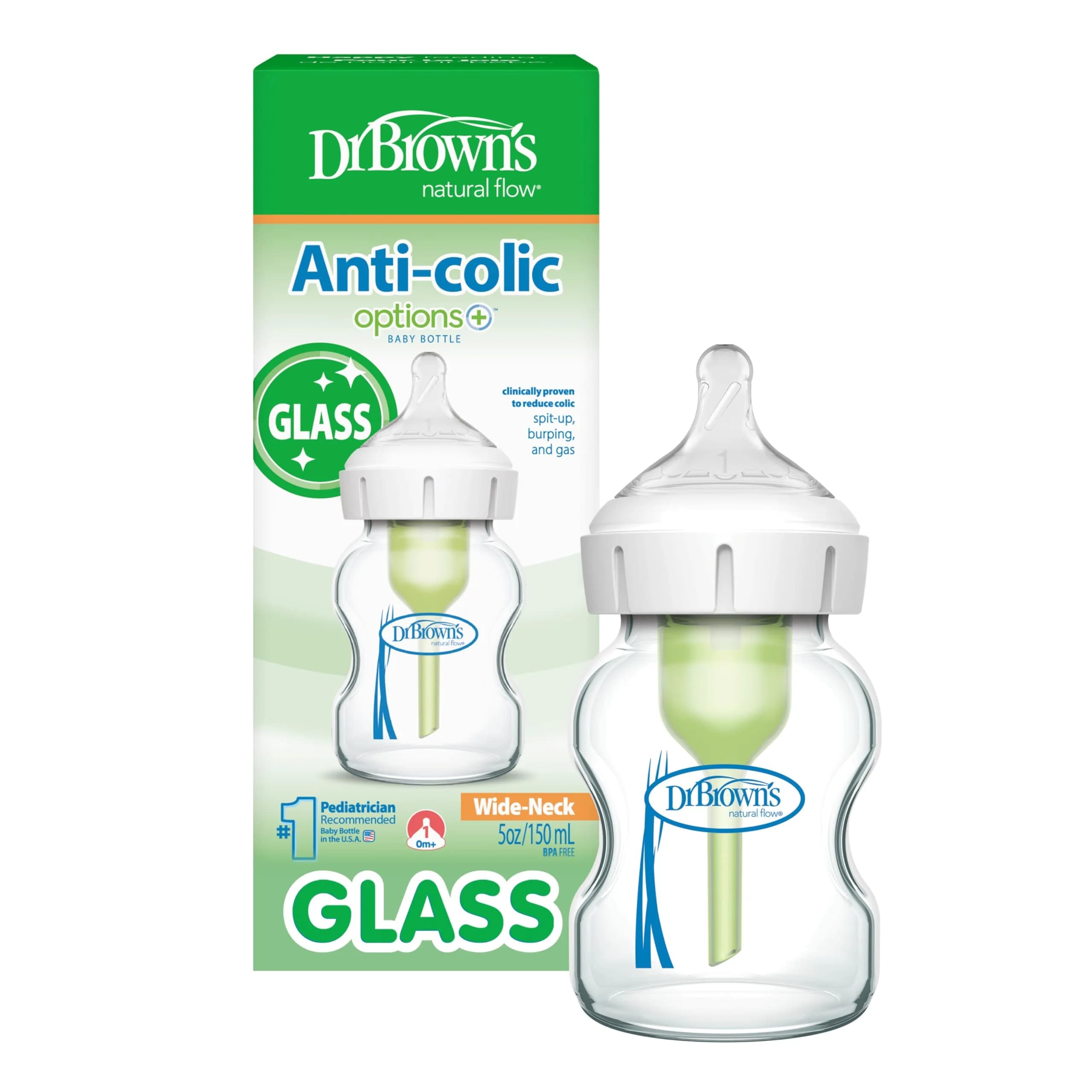 Dr. Brown's Anti-Colic Options+ Wide-Neck Glass Baby Bottle 150ml (5 oz) | Clinically Proven to Reduce Colic - main product image