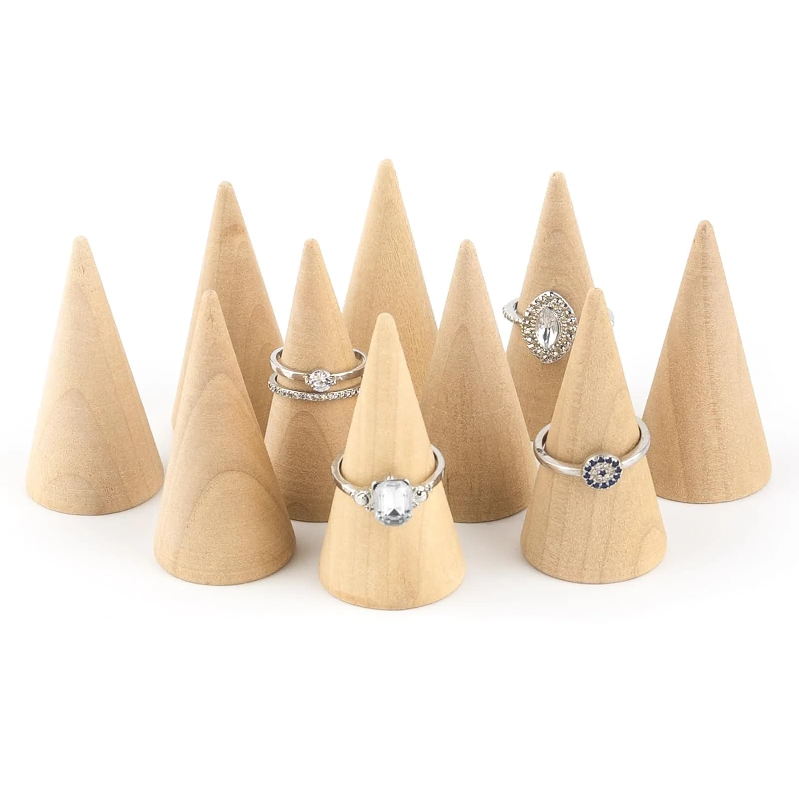 AUEAR 10 Pack Wood Cone Ring Holder 2.5cm (0.98in) Base Diameter x 5cm (1.97in) Height | Simple Natural Wood Display Stands for Rings - main product image