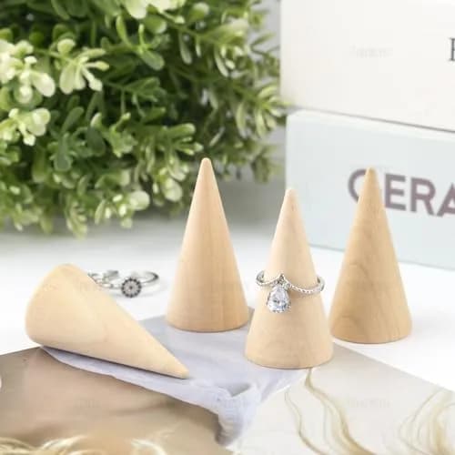 AUEAR 10 Pack Wood Cone Ring Holder 2.5cm (0.98in) Base Diameter x 5cm (1.97in) Height | Simple Natural Wood Display Stands for Rings thumbnail 2