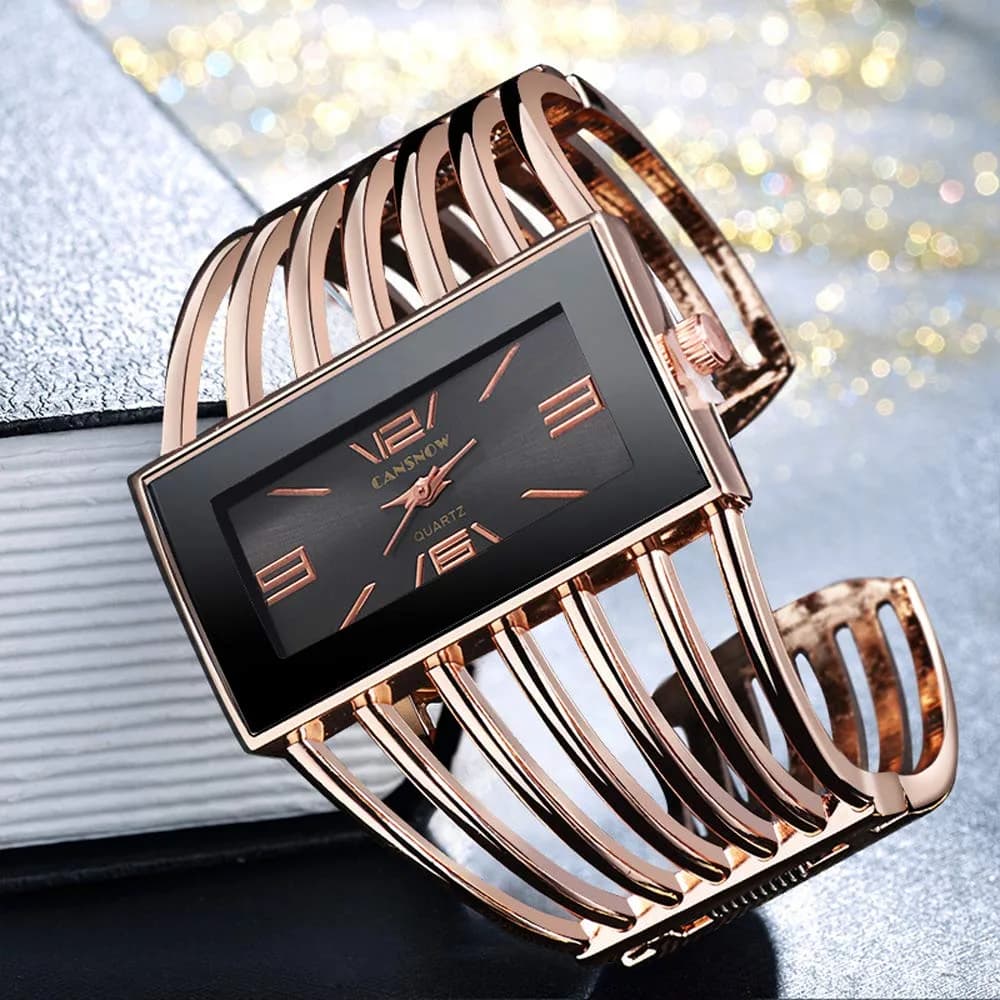 Weicam Women's Quartz Watch Rose Gold | Rectangular Dial Hollow Bracelet Watch - view 4