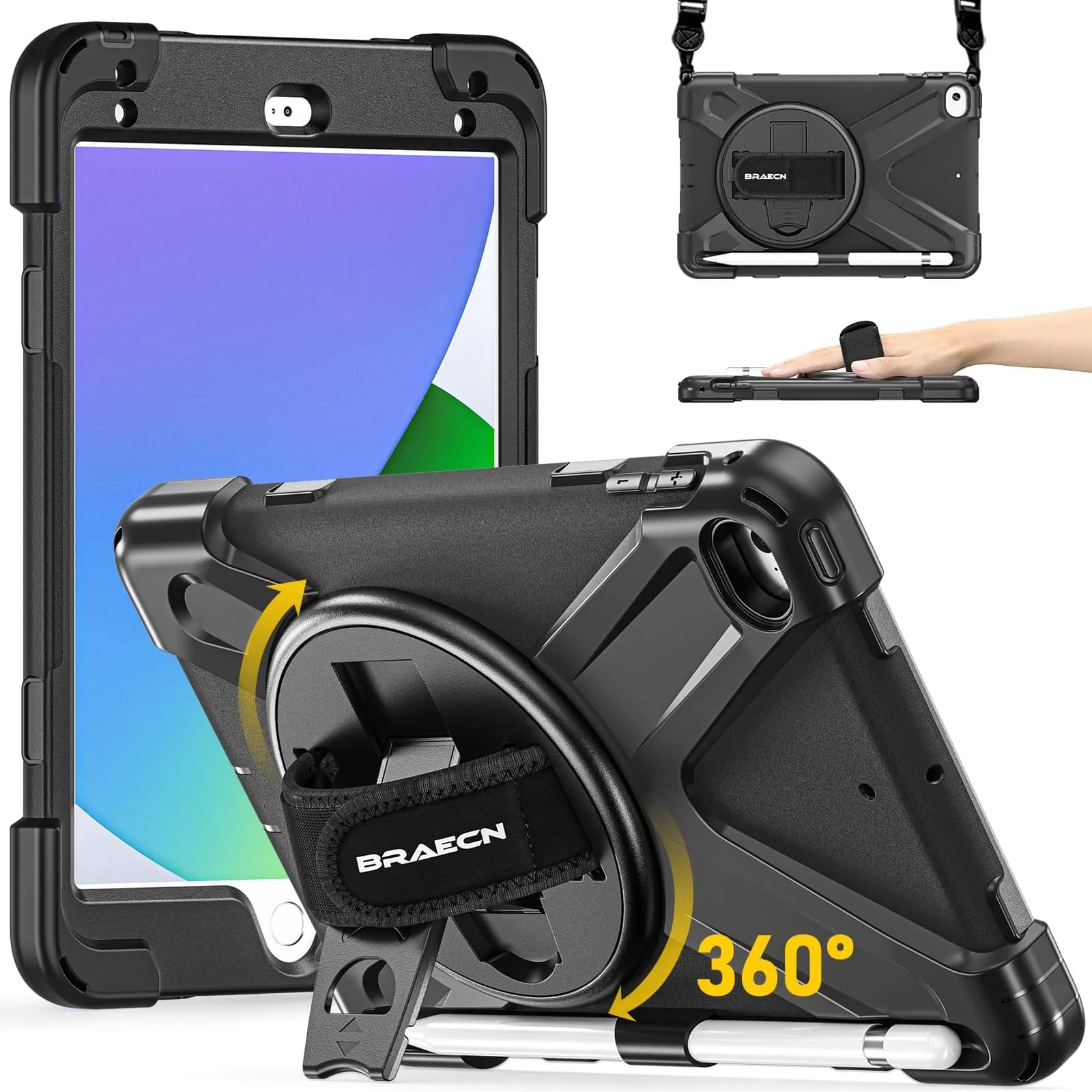 BRAECN iPad mini 5 Case, iPad mini 4 Case - Black | Heavy Duty Drop-Proof with 360° Rotating Kickstand & Adjustable Shoulder Strap