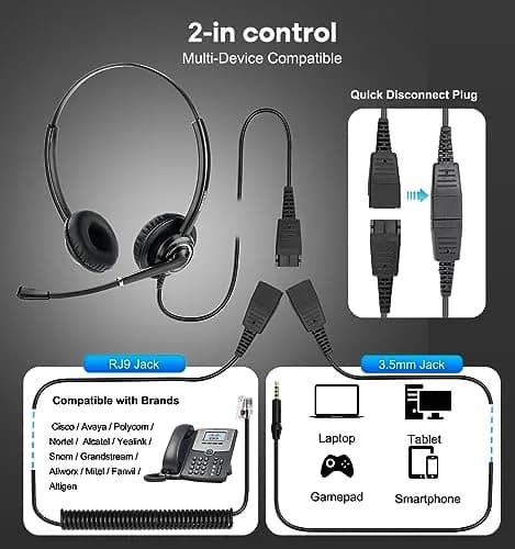 MAIRDI Telephone Headset with RJ9 & 3.5mm Jack | Noise Cancelling Mic for Cisco Phones & PCs thumbnail 2