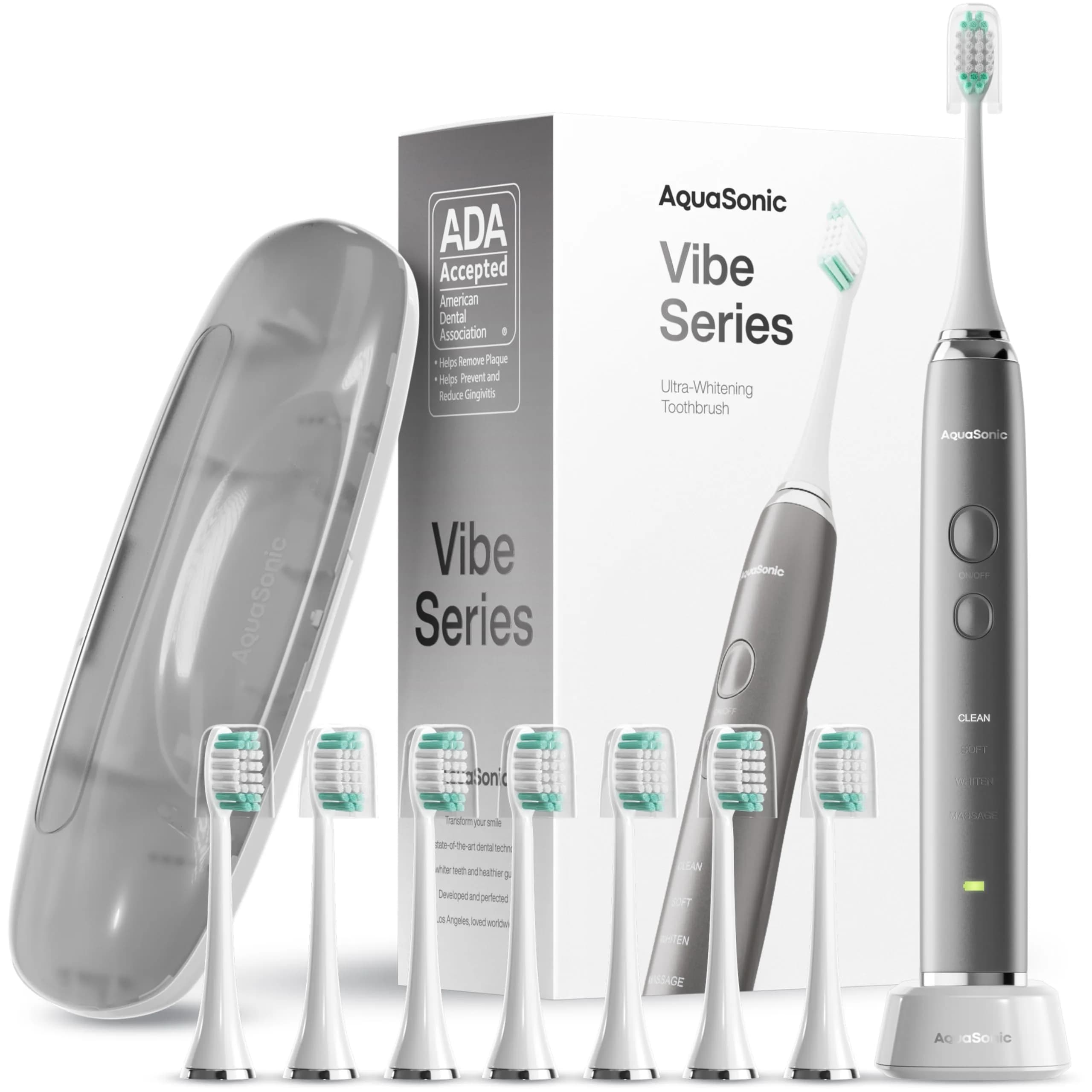 Aquasonic Vibe Series Ultra-Whitening Toothbrush Charcoal Metallic | ADA Accepted Electric Toothbrush with 8 Brush Heads & Wireless Charging — Charcoal Metallic