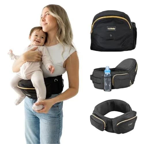 TushBaby Original Hip Seat Baby Carrier for Babies & Toddlers up to 45 lbs | Supportive, No Foam, Lightweight, Storage, Black & Gold thumbnail 1