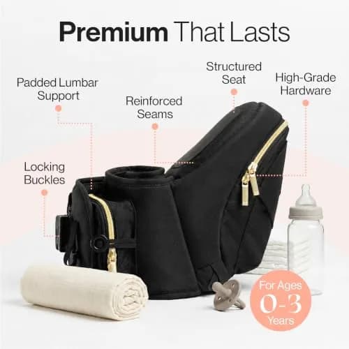 TushBaby Original Hip Seat Baby Carrier for Babies & Toddlers up to 45 lbs | Supportive, No Foam, Lightweight, Storage, Black & Gold thumbnail 5