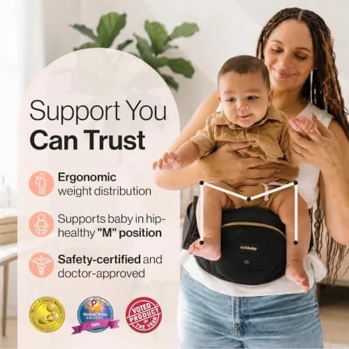 TushBaby Original Hip Seat Baby Carrier for Babies & Toddlers up to 45 lbs | Supportive, No Foam, Lightweight, Storage, Black & Gold thumbnail 3