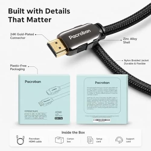 Pacroban 6ft (1.83m) Ultra High Speed HDMI 2.1 Cable | 48Gbps 8K 60Hz 4K 120Hz eARC VRR ALLM Braided thumbnail 6