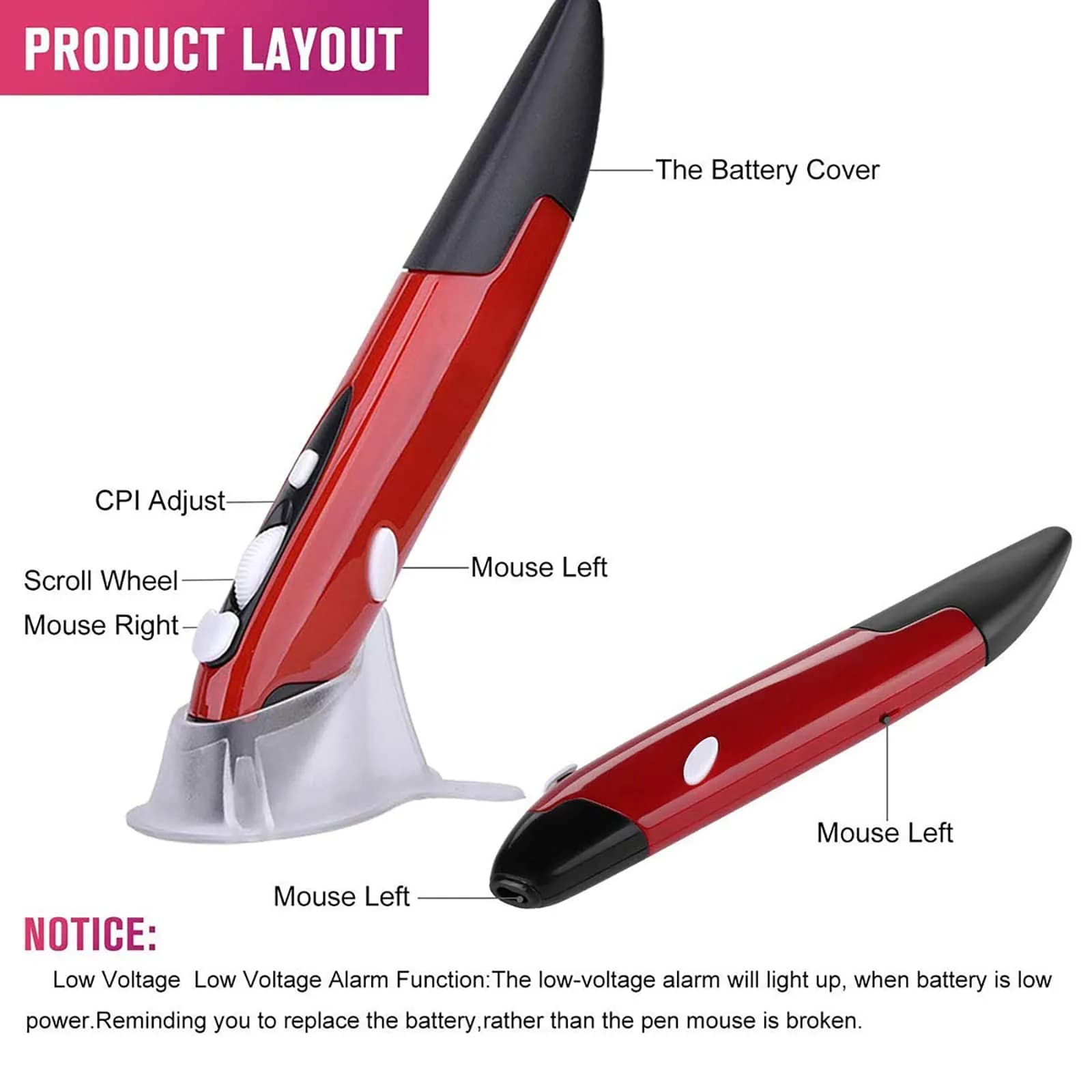 lychee Wireless Optical Pocket Pen Mouse Red | Ergonomic Design for Presentations & Travel - view 6