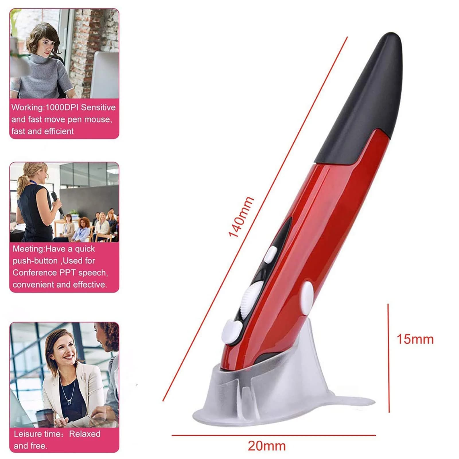 lychee Wireless Optical Pocket Pen Mouse Red | Ergonomic Design for Presentations & Travel - view 7