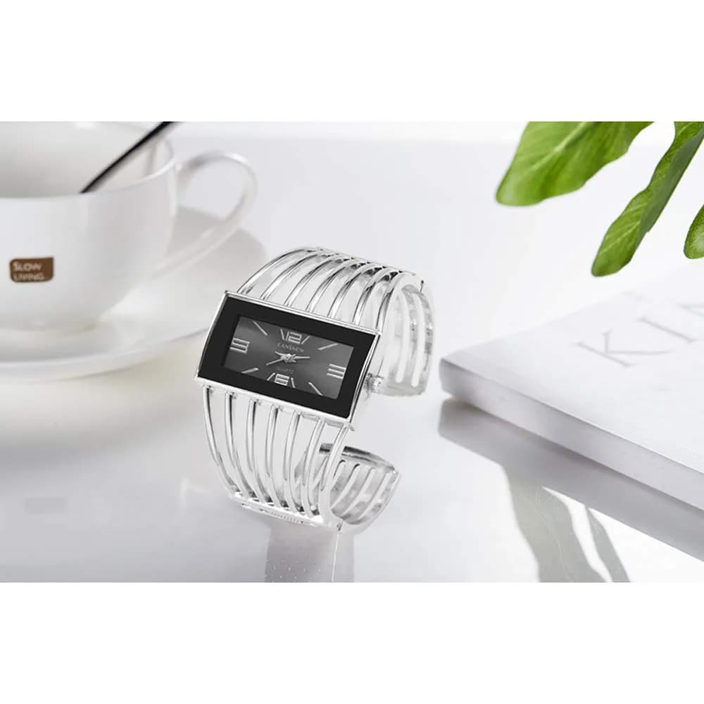 Weicam Women's Quartz Watch Silver Rectangular Dial Hollow Bracelet 38mm Case | Luxury Analog Watch for Ladies - view 3