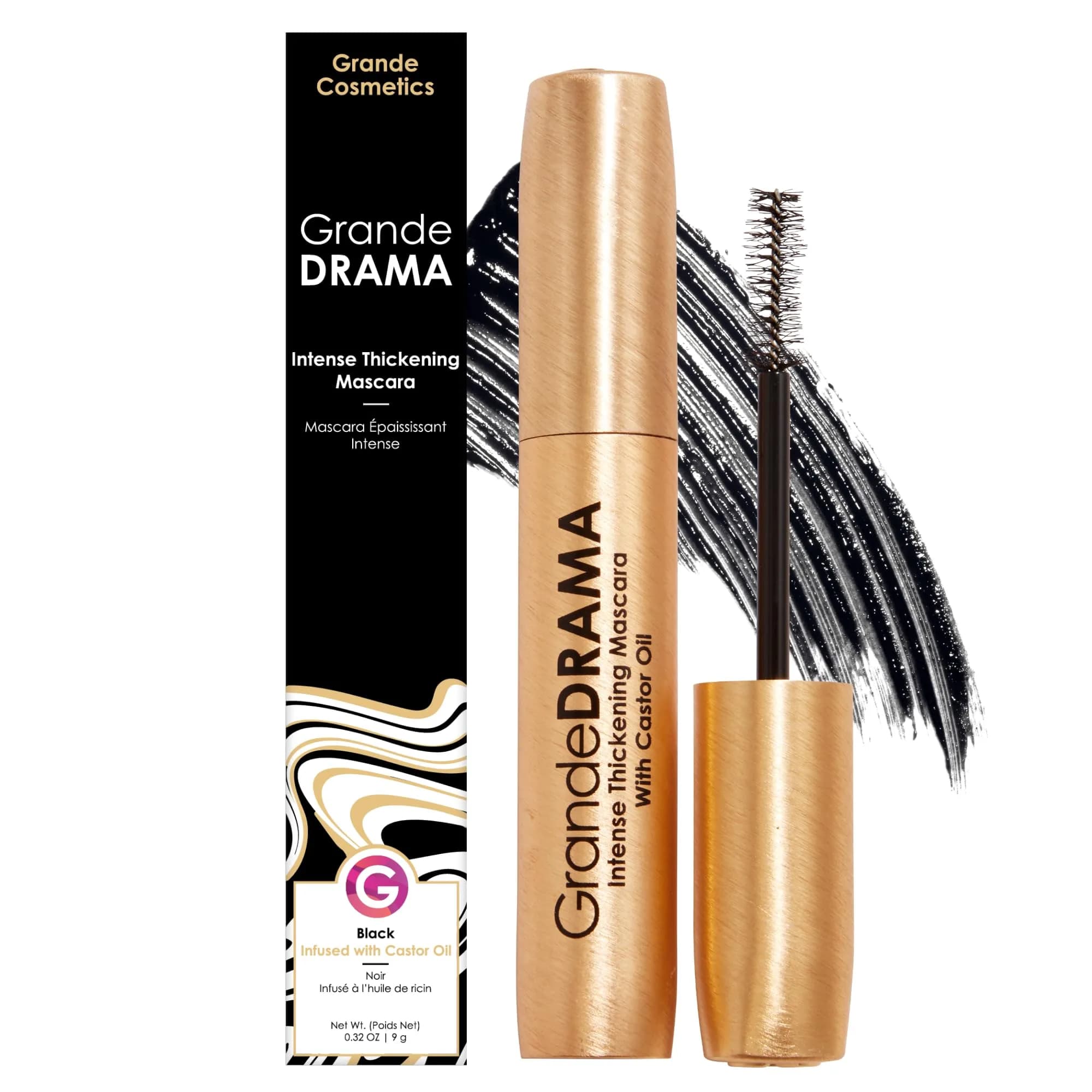 Grande Cosmetics GrandeDRAMA Intense Thickening Mascara 0.3 Fl Oz | Lush, Dense, Glossy Lashes with Castor Oil