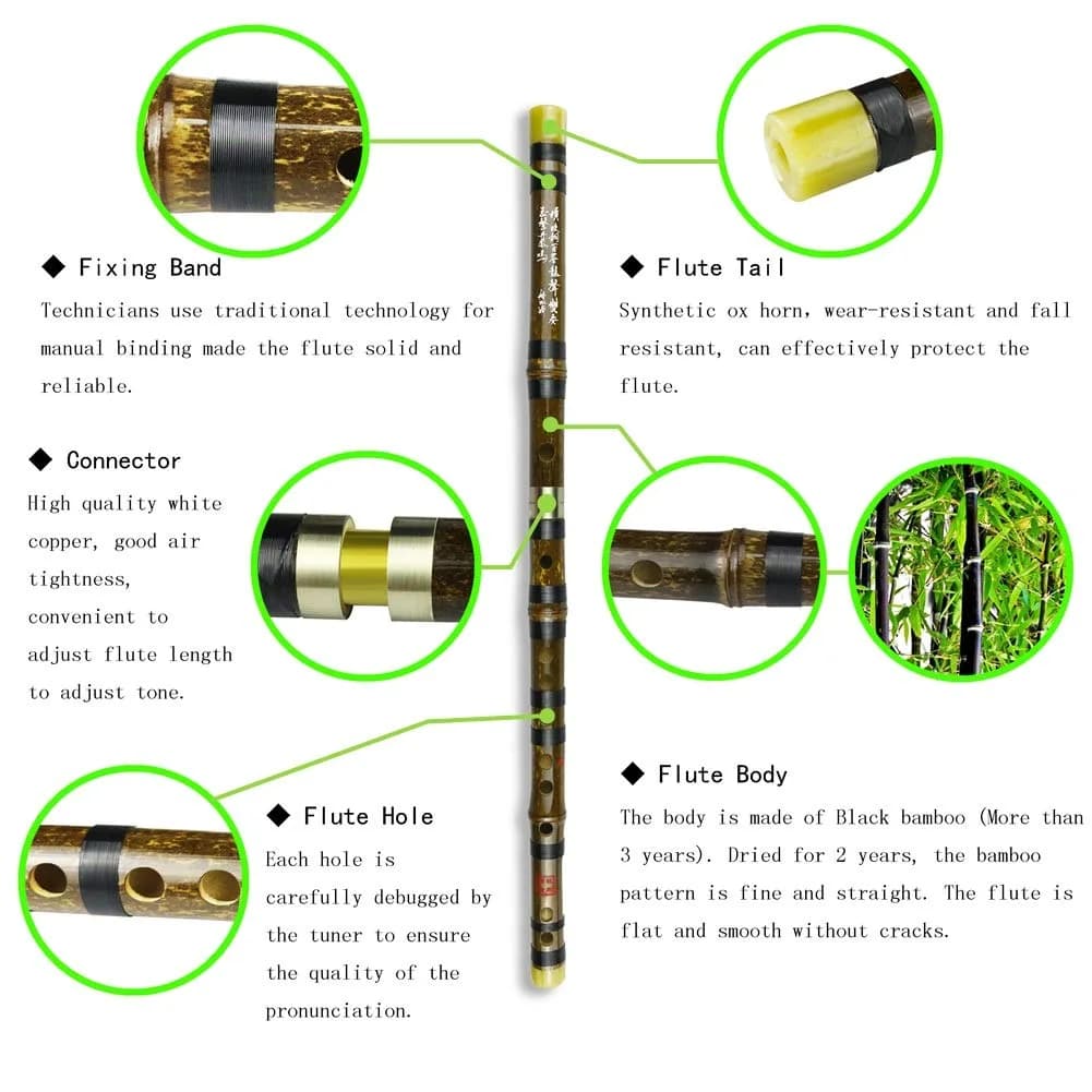 PHYSKOW Black Bamboo Dizi Flute in C Key | 66 cm (26 in) with Accessories - view 2