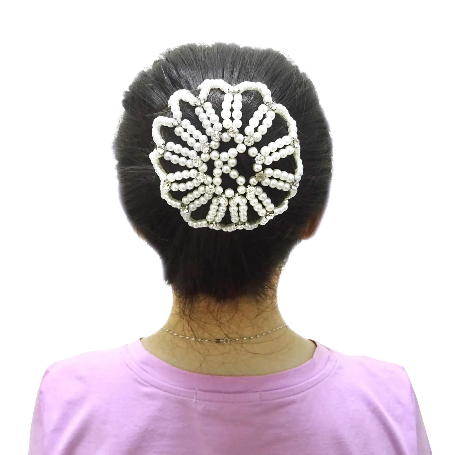 Honbay Hair Bun Cover Elastic Handmade Crochet Hair Net Snood with Pearls and Rhinestones for Ballet, Dance, Skating, etc (White) | Elegant Hair Bun Accessory — White