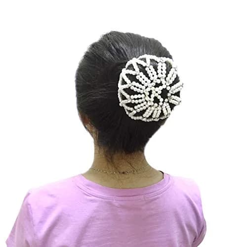 Honbay Hair Bun Cover Elastic Handmade Crochet Hair Net Snood with Pearls and Rhinestones for Ballet, Dance, Skating, etc (White) | Elegant Hair Bun Accessory thumbnail 2