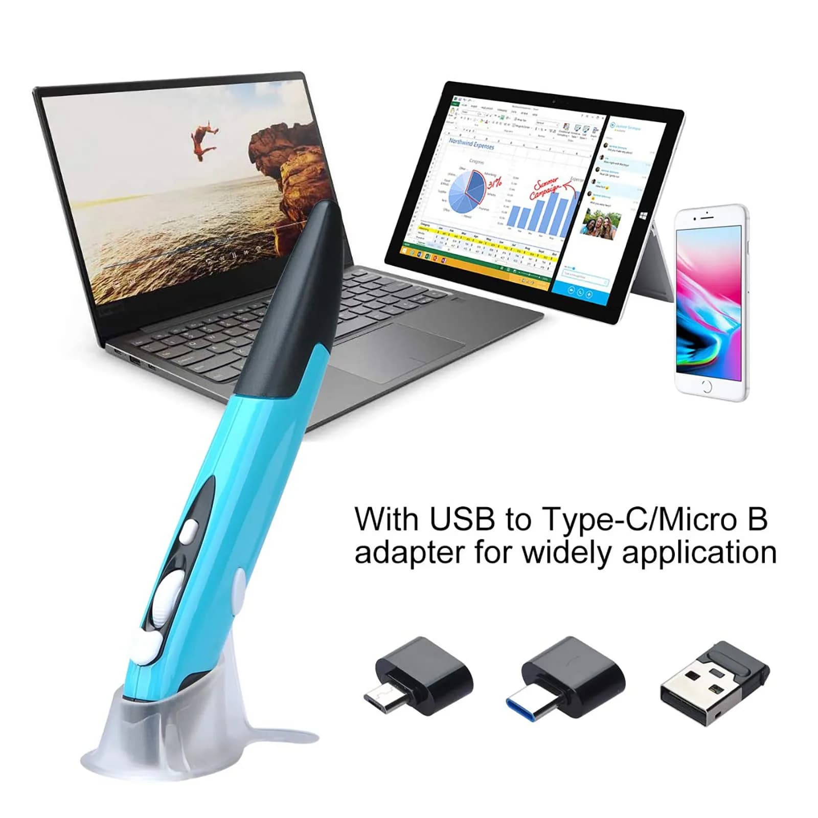 lychee Wireless Optical Pocket Pen Mouse Blue | 1600 DPI Adjustable, 2.4GHz USB Receiver, Ergonomic Design - view 3