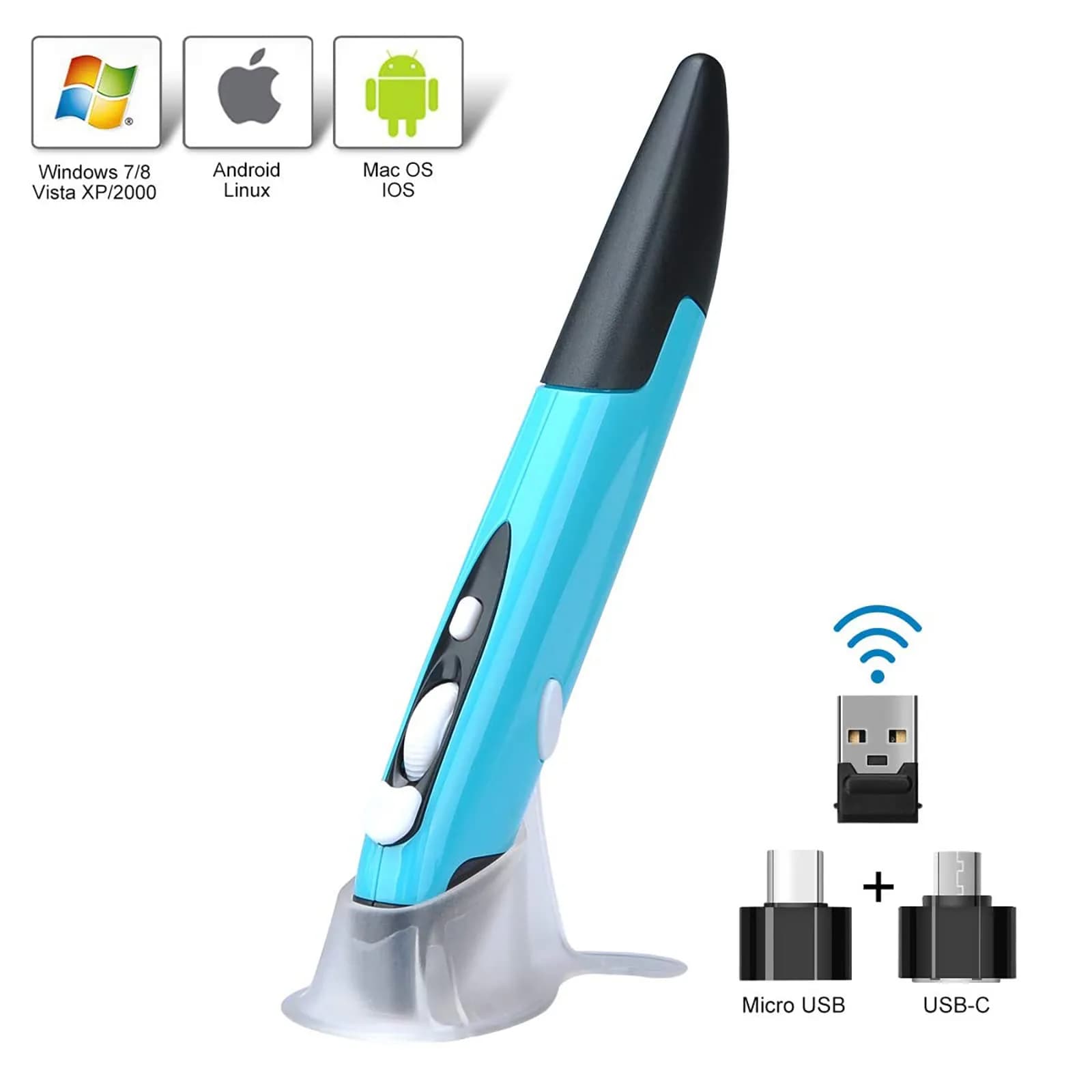 lychee Wireless Optical Pocket Pen Mouse Blue | 1600 DPI Adjustable, 2.4GHz USB Receiver, Ergonomic Design - view 4