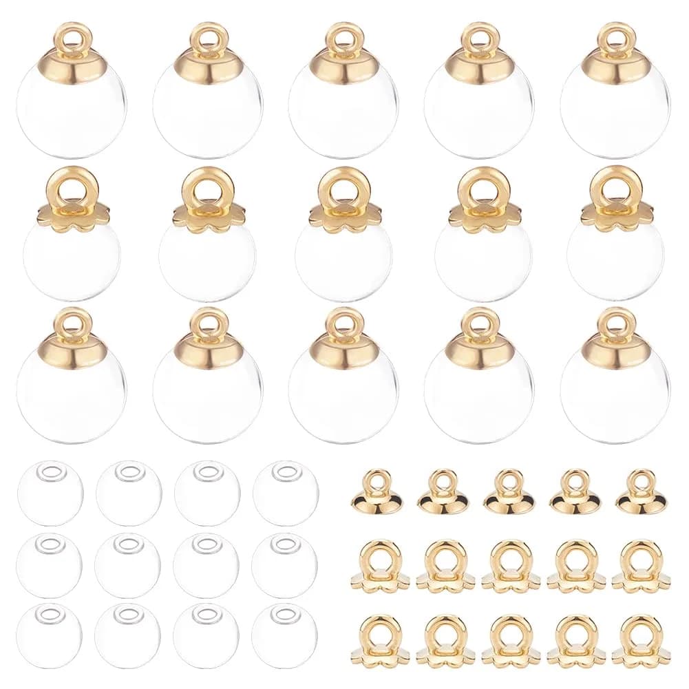 PH PandaHall 30pcs 16mm Clear Glass Globe Bottle Wish Glass Ball Bottles for DIY Pendant Charms Stud Earring Making — 30 Sets Clear With Gold Caps(16mm)