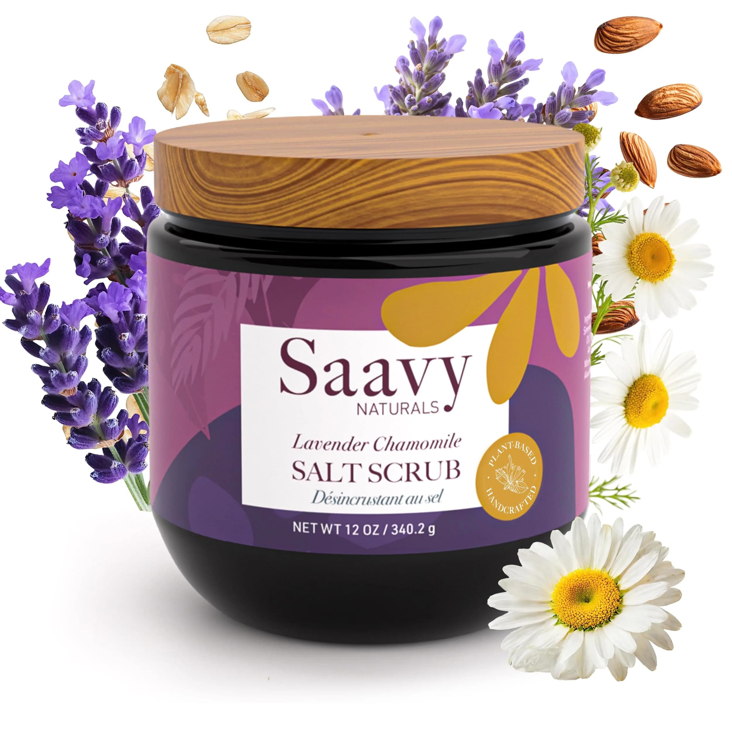 Saavy Naturals Body Scrub - Salt Lavender Extract, Vegan Exfoliant, 12 oz | Gentle for Sensitive Skin, Made in USA — Lavender Chamomile (Salt)