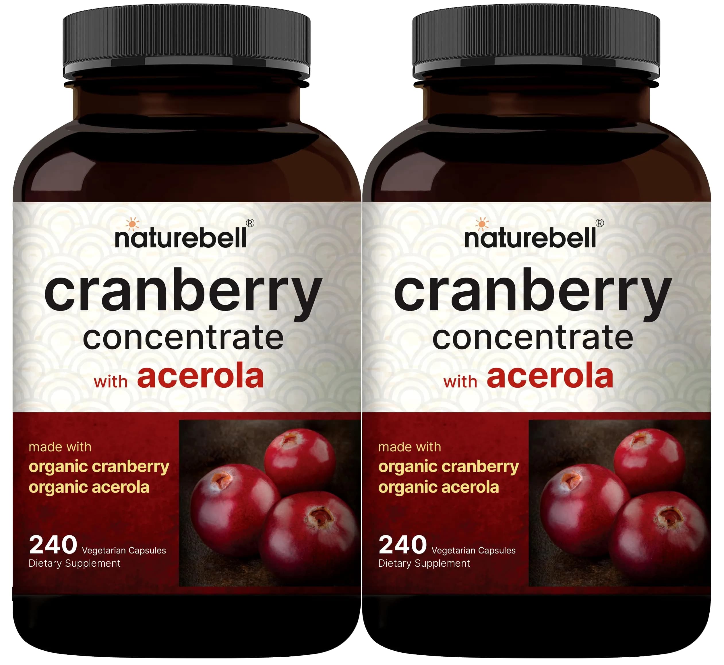 NatureBell Cranberry Concentrate with Acerola, 240 Vegetarian Capsules | Organic, Non-GMO, cGMP