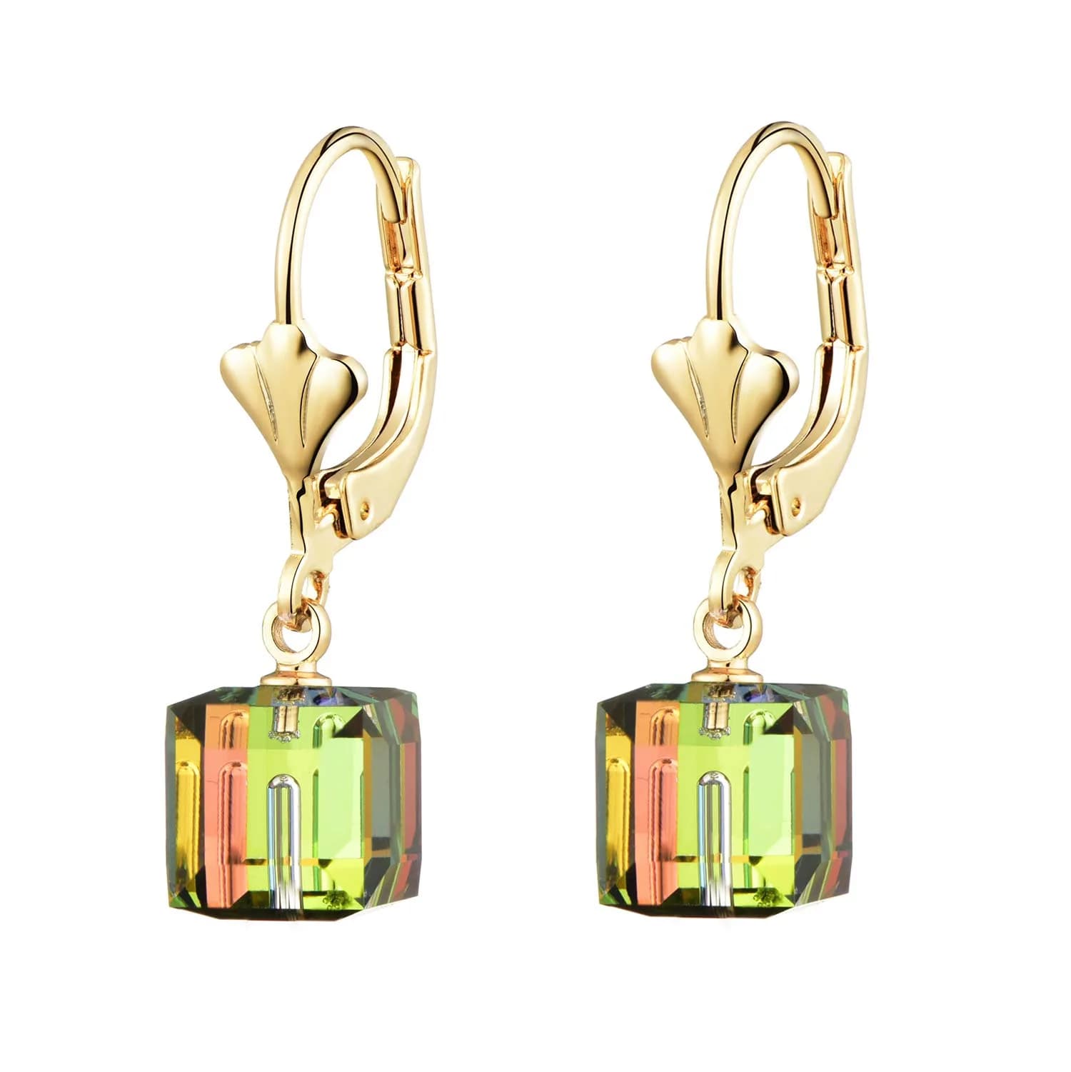 EVEVIC Austrian Crystal Cube Drop Earrings for Women | Geometric Sparkle & Gold Finish — Rainbow