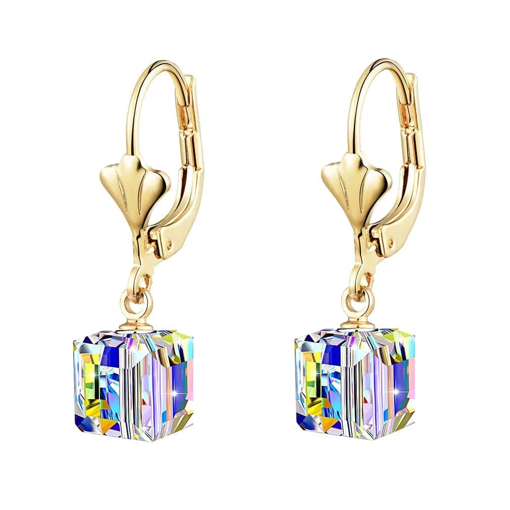 EVEVIC Austrian Crystal Cube Drop Leverback Earrings for Women | 2.5 cm (1") Drop — Aurora Borealis