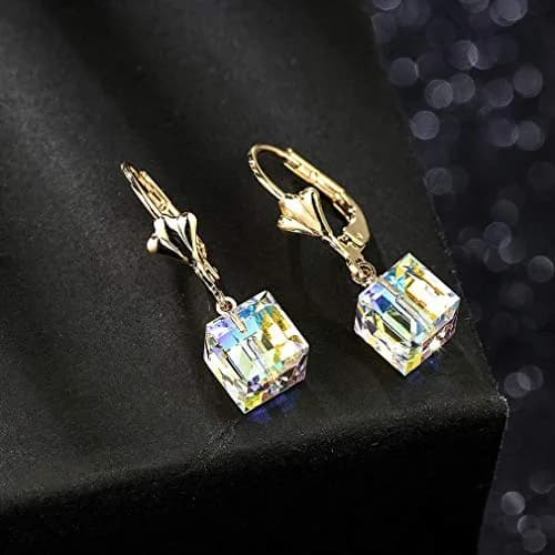 EVEVIC Austrian Crystal Cube Drop Leverback Earrings for Women | 2.5 cm (1") Drop thumbnail 8