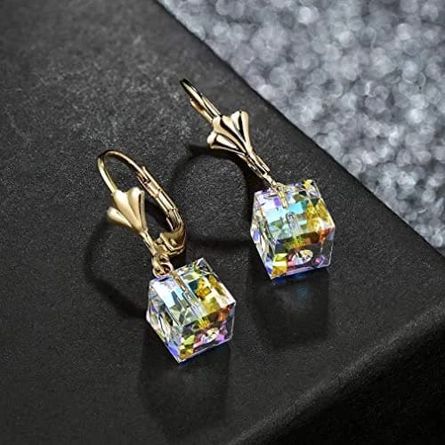 EVEVIC Austrian Crystal Cube Drop Leverback Earrings for Women | 2.5 cm (1") Drop thumbnail 3