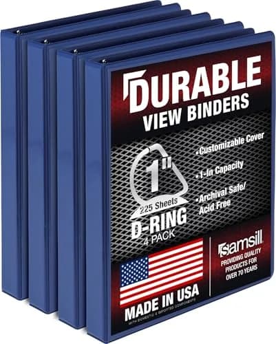 Samsill Durable 1 Inch 3 Ring Binder, Blue, 4 Pack | Heavy-Duty D-Ring Storage for Office & School thumbnail 1