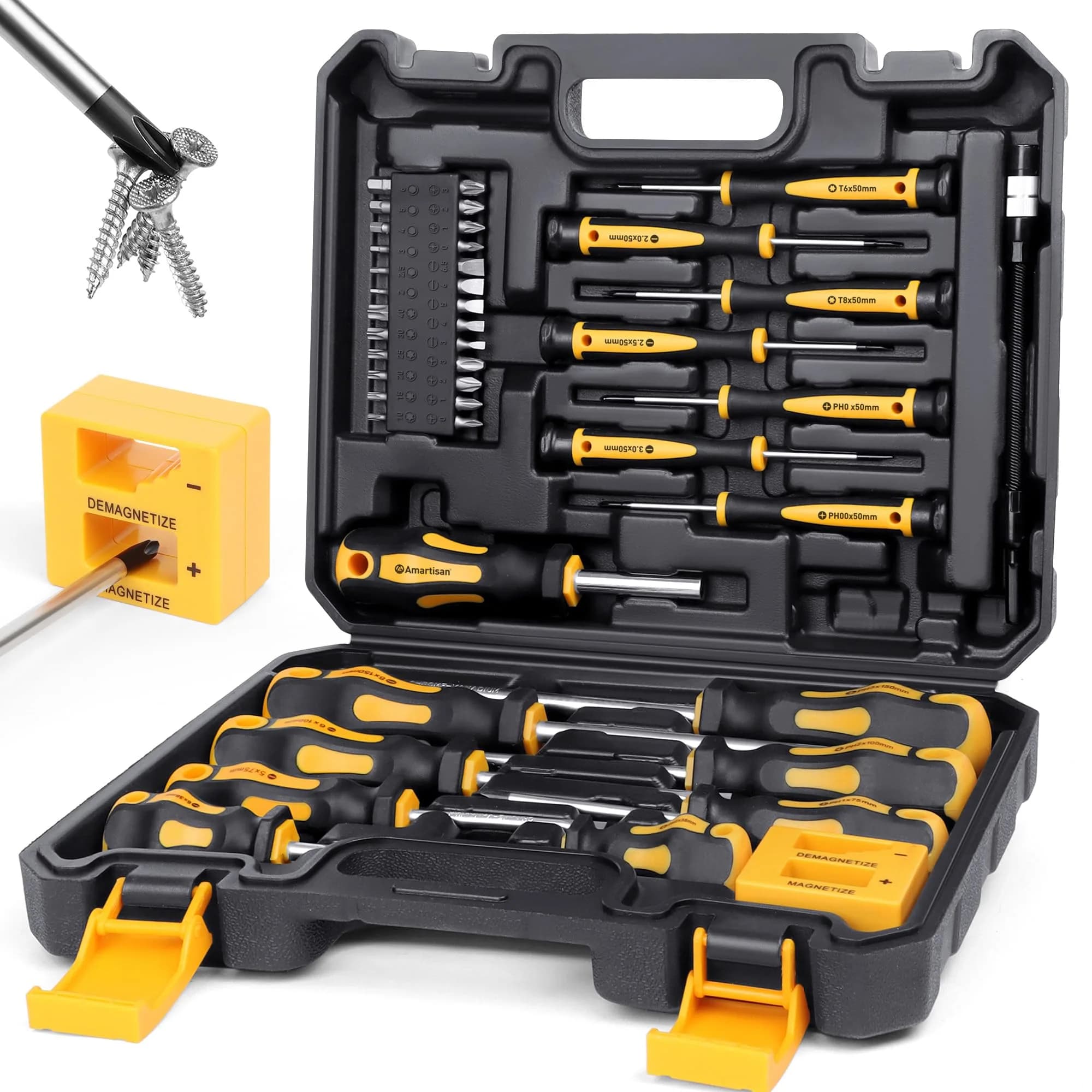 Amartisan Magnetic Screwdriver Set with Case, 43-Piece Set | Precision, Phillips, Slotted, Hex, Pozidriv, Torx, Magnetizer
