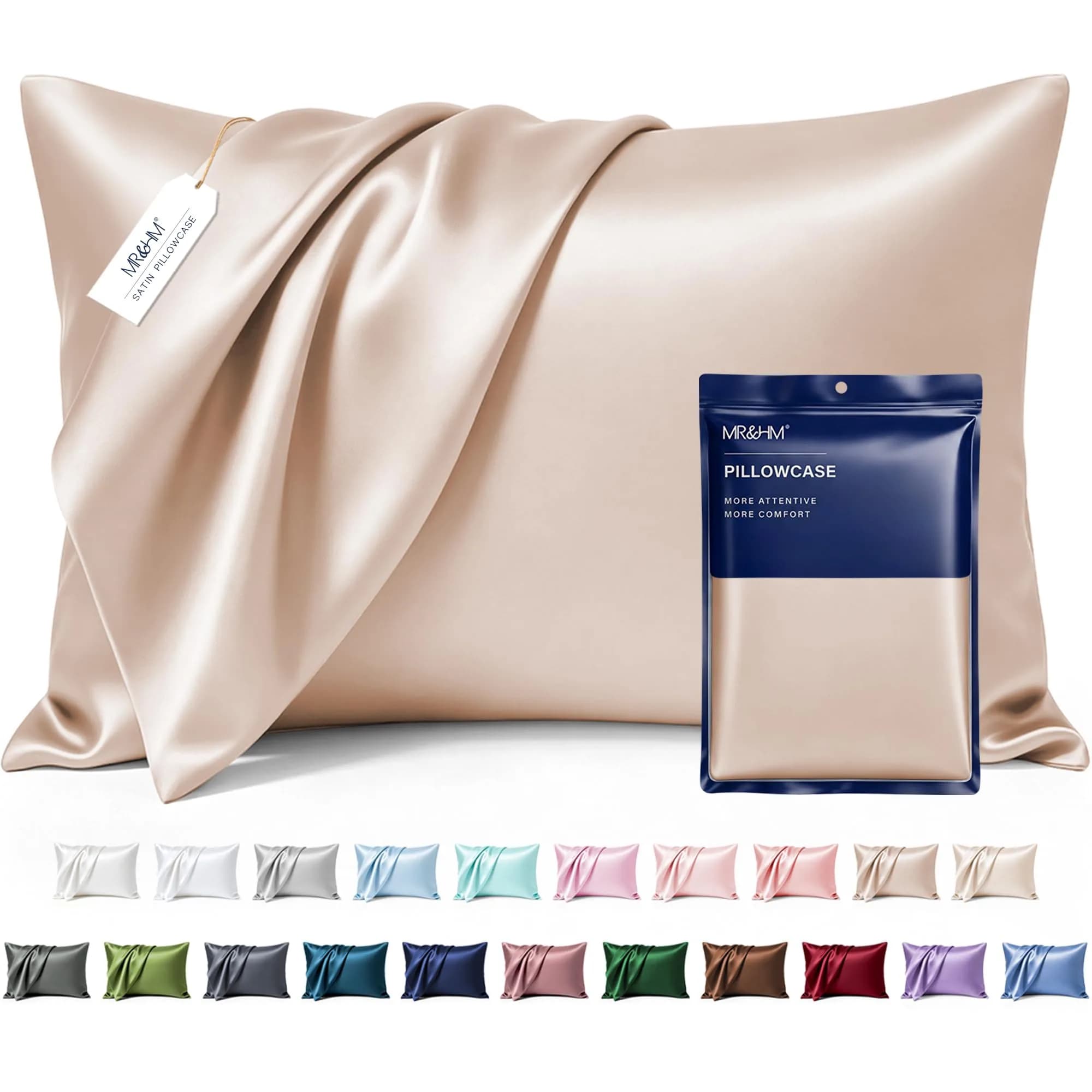 MR&HM Satin Pillowcase 2 Pack, Queen Size 76.2cm (30") x 50.8cm (20") Champagne | Smooth Cooling Satin Pillowcase with Envelope Closure — 09- Champagne
