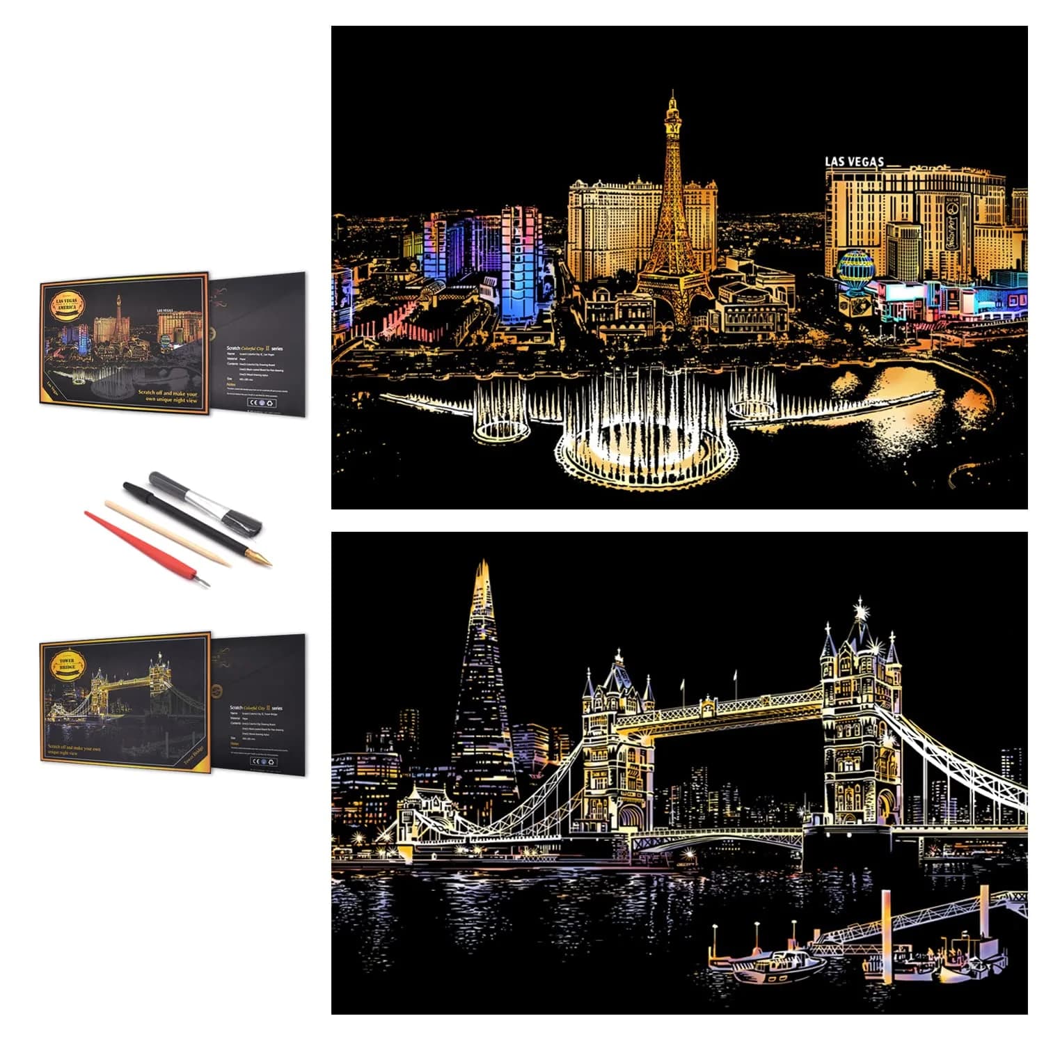 BOTEEN Scratch Rainbow Painting Art Paper Kit with 4 Tools, 40.5cm x 28.5cm (16''x11'') | City Night View & Blank Boards — Las Vegas,Tower Bridge