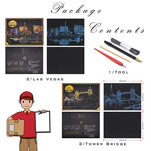 BOTEEN Scratch Rainbow Painting Art Paper Kit with 4 Tools, 40.5cm x 28.5cm (16''x11'') | City Night View & Blank Boards thumbnail 2
