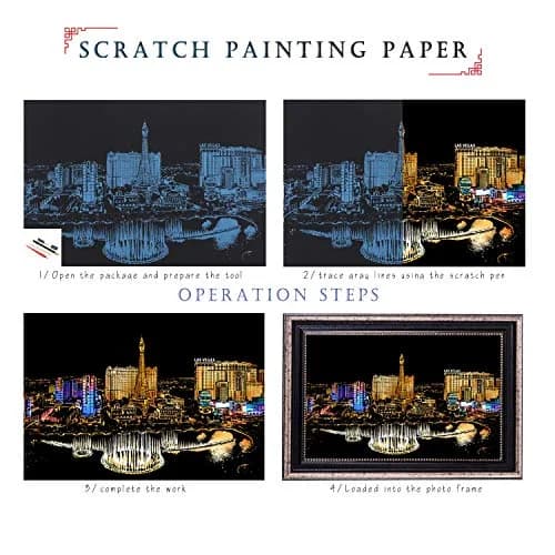 BOTEEN Scratch Rainbow Painting Art Paper Kit with 4 Tools, 40.5cm x 28.5cm (16''x11'') | City Night View & Blank Boards thumbnail 3