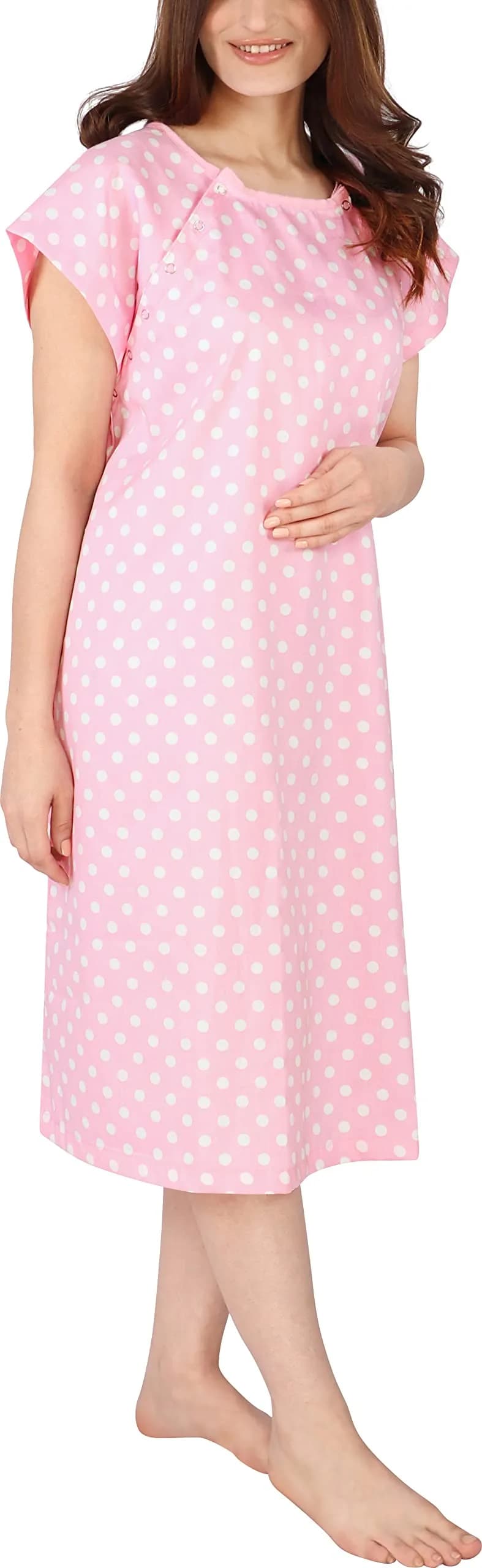 Utopia Care Women's Hospital Gown Polkadots Pink Small-Medium | Easy Access Snap Front & Back - main product image