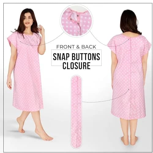 Utopia Care Women's Hospital Gown Polkadots Pink Small-Medium | Easy Access Snap Front & Back thumbnail 3
