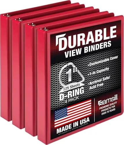 Samsill Red 1 Inch D-Ring Binder (4 Pack) | Holds 225 Pages, Clear View Cover, Recycled Chipboard thumbnail 1