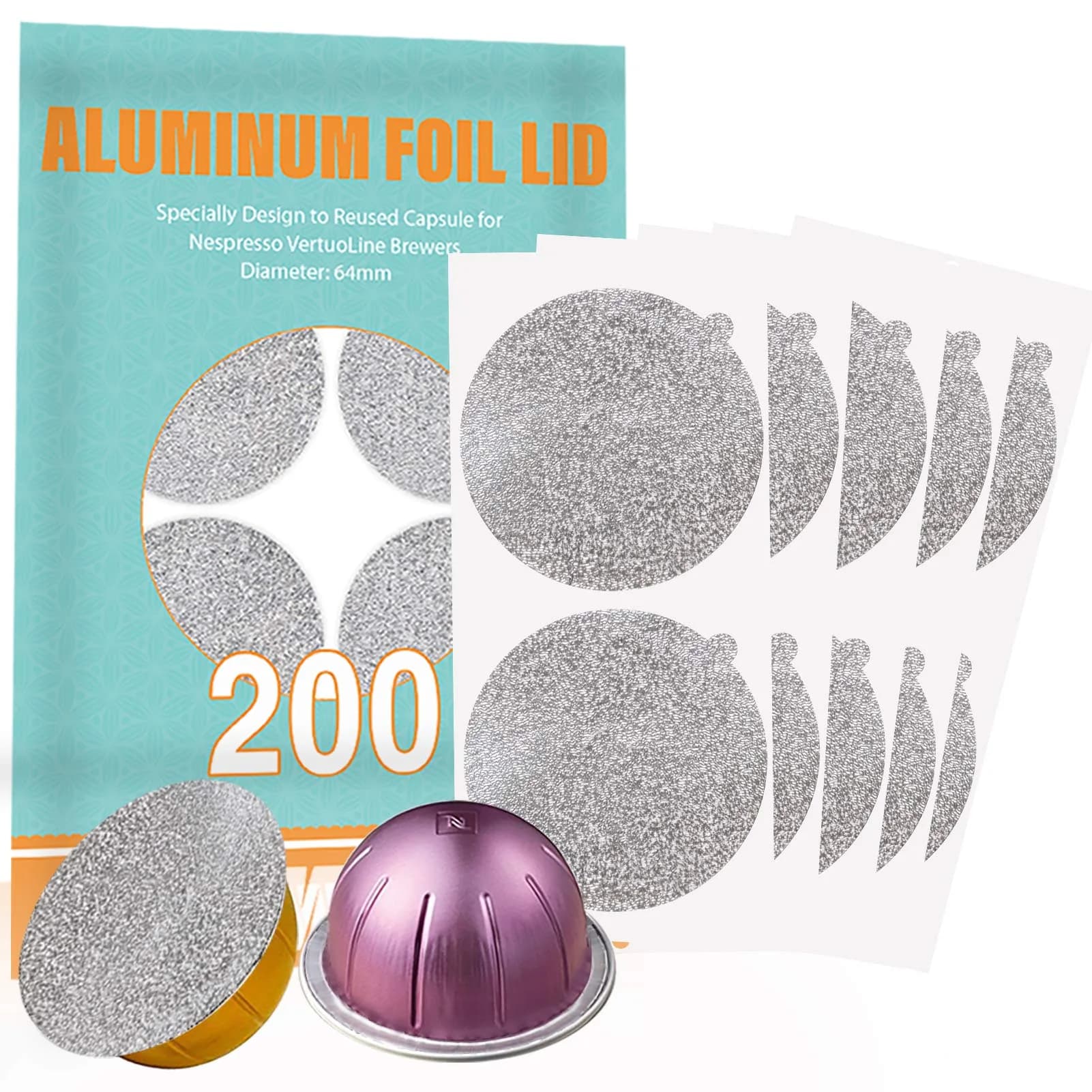 CAPMESSO Aluminum Foil Lids for Nespresso Vertuo Pods, 200 Count | Reusable Coffee Filter for Rich Brews — 200pcs Foil Lids