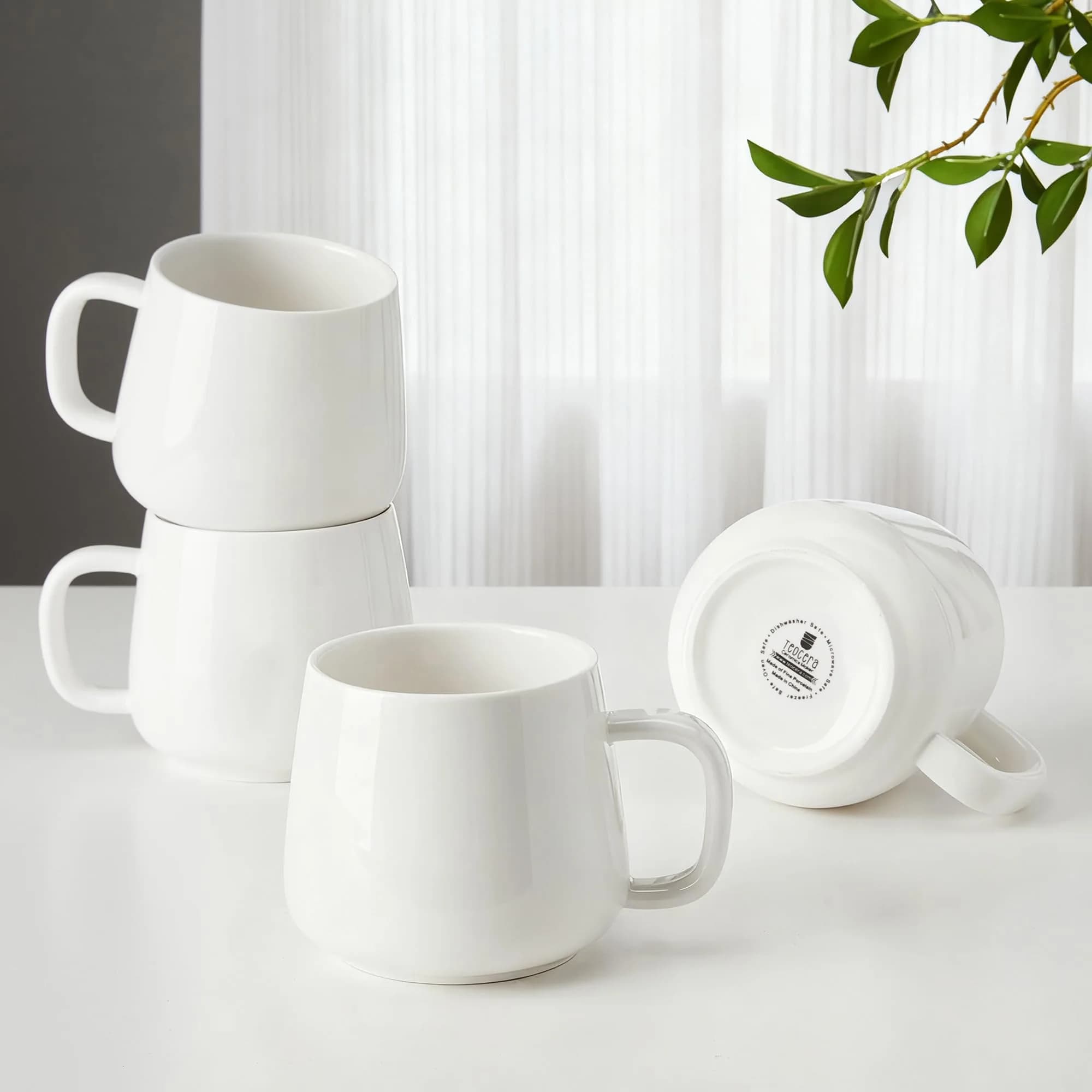 Teocera White Porcelain Coffee Mugs Set of 4 - 12oz (355ml) | Chip-Resistant Ceramic Cups with Ergonomic Handle — White