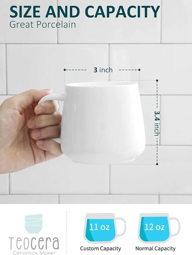 Teocera White Porcelain Coffee Mugs Set of 4 - 12oz (355ml) | Chip-Resistant Ceramic Cups with Ergonomic Handle thumbnail 3