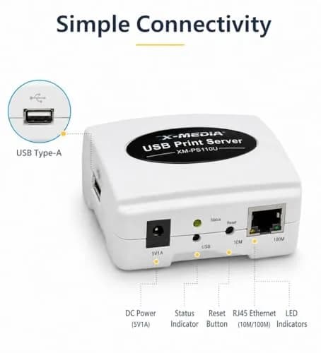 X-MEDIA XM-PS110U 1-Port 10/100Mbps Ethernet USB Print Server | USB 2.0 Network Print Server thumbnail 3