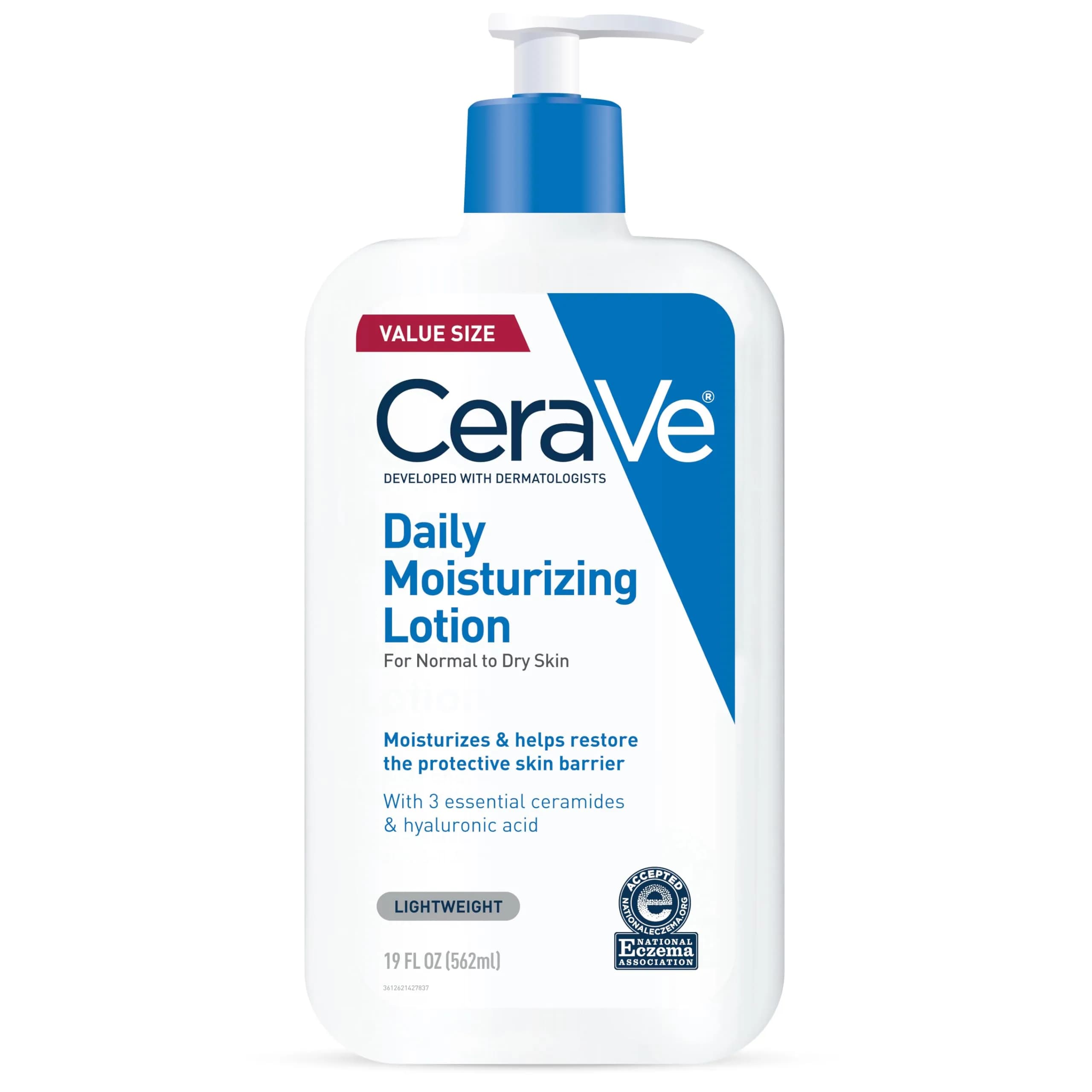 CeraVe Daily Moisturizing Lotion for Dry Skin, Body Lotion & Face Moisturizer with Hyaluronic Acid and Ceramides, Daily Moisturizer, Fragrance Free, Oil-Free, 19 Ounce - main product image