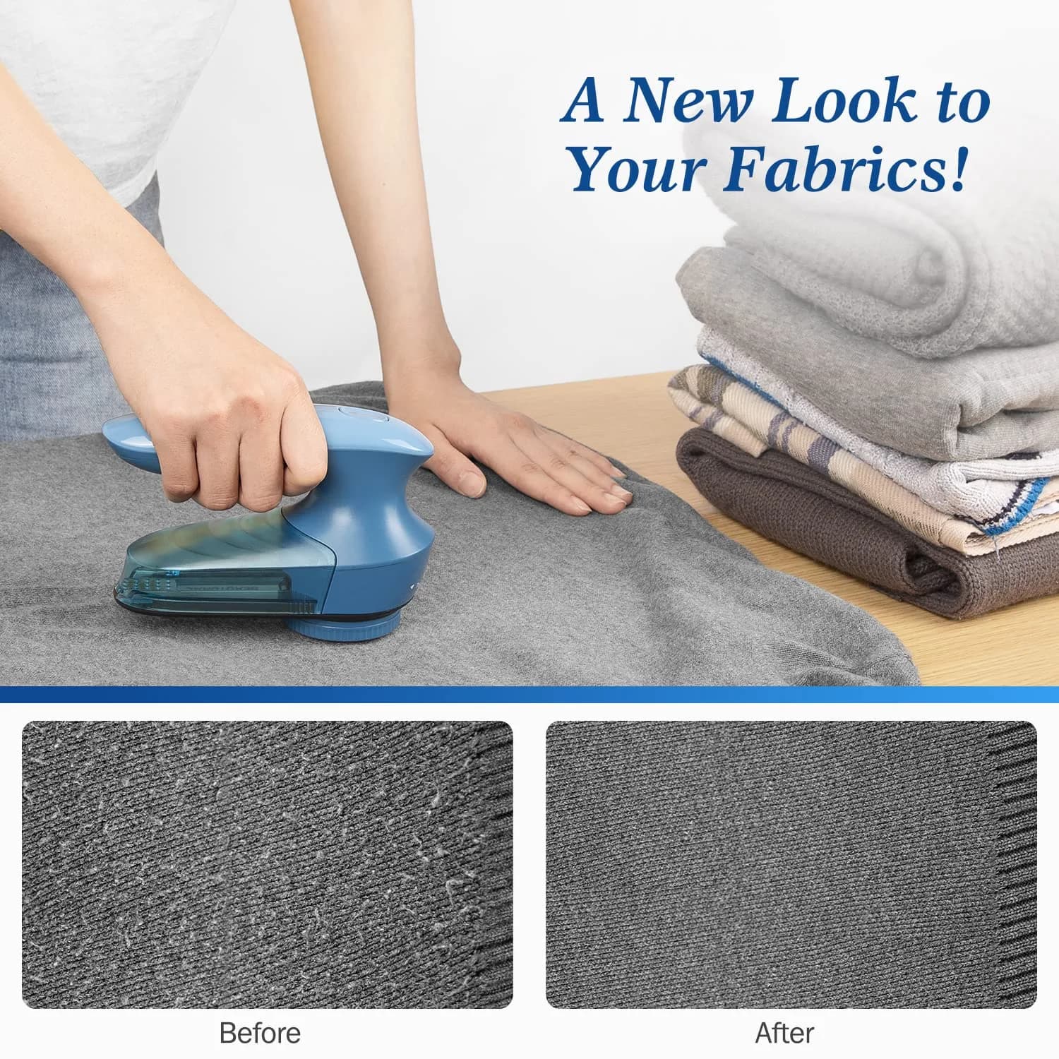 BEAUTURAL Fabric Shaver and Lint Remover, Sweater Defuzzer with 2-Speeds, 2 Replaceable Stainless Steel Blades, Battery Operated, Remove Clothes Fuzz, Lint Balls, Pills, Bobbles (Tufts Blue) - view 2