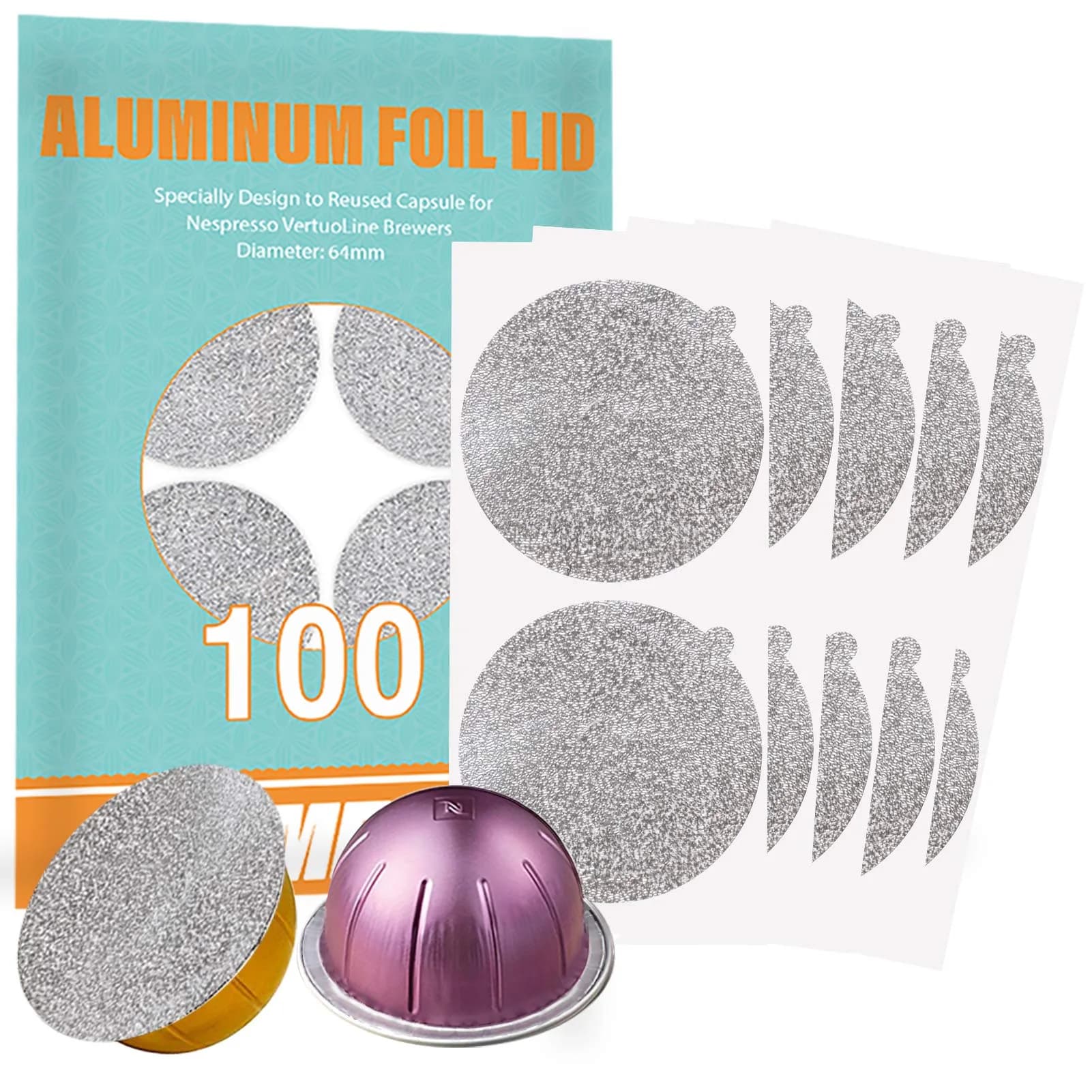 CAPMESSO Aluminum Foil Lids for Nespresso Vertuo Pods (100 Count, 64mm) | Reusable Coffee Filter for Rich Brews